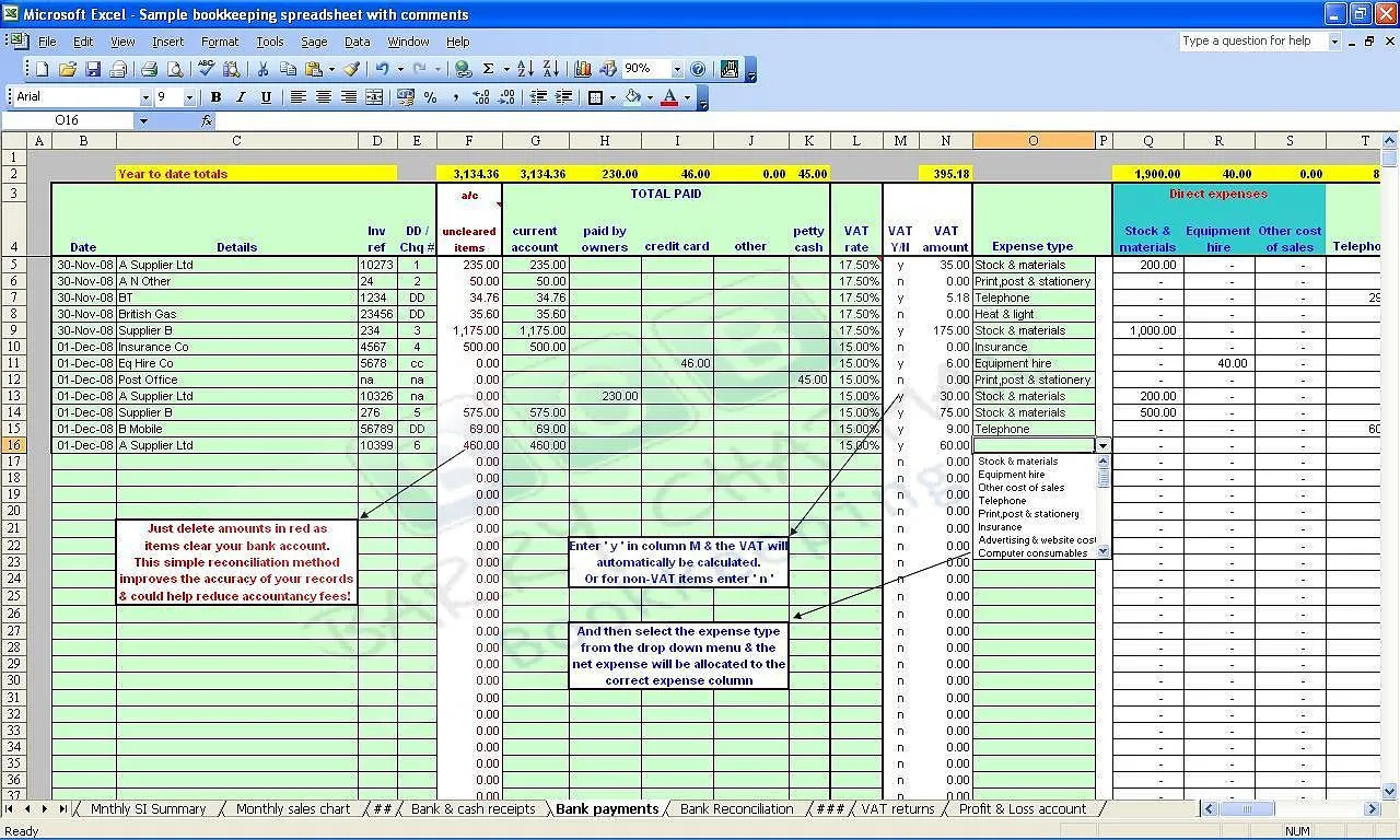 One of Barry's bookkeeping spreadsheets, the bank payments page, with his notes on how to use it