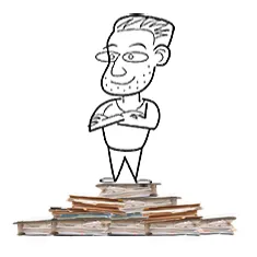 A drawing of Barry Chapman, arms folded, standing on a pile of files